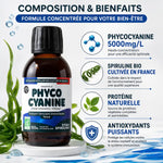 Phycocyanine liquide bio 5000mg Etika Spirulina - Bouteille 100ml avec infographie nutriments
