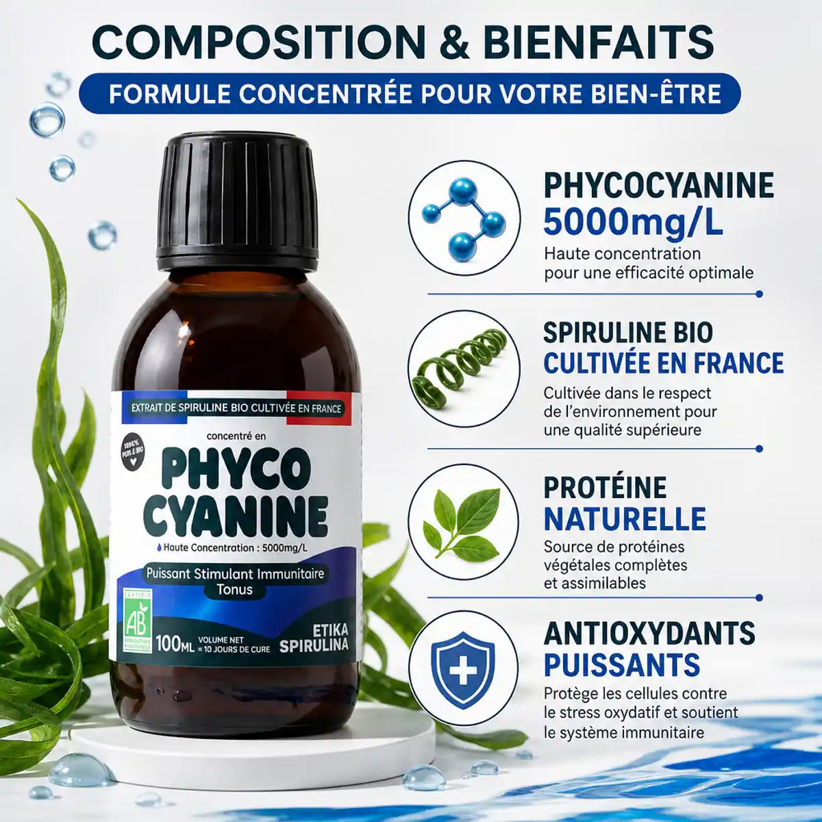 Phycocyanine liquide bio 5000mg Etika Spirulina - Bouteille 100ml avec infographie nutriments