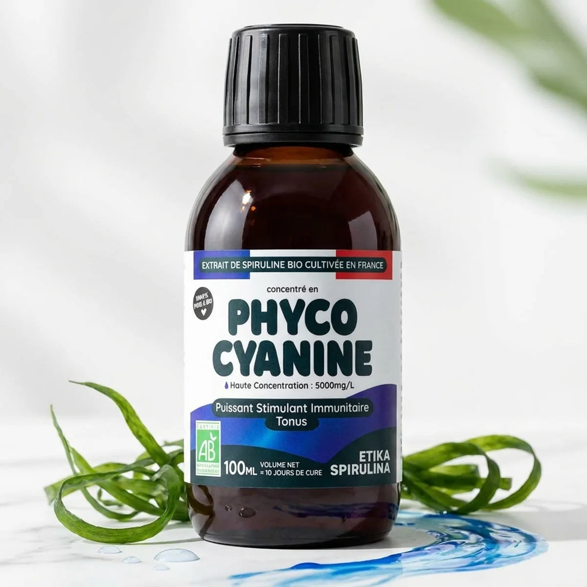 Phycocyanine liquide bio 5000 mg Etika Spirulina flacon 100 ml avec algue spiruline fraîche
