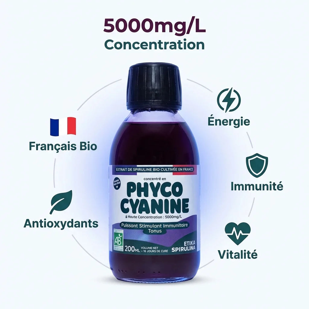 Phycocyanine liquide bio 5000mg Etika Spirulina 200ml avec icônes bénéfices énergie immunité antioxydants