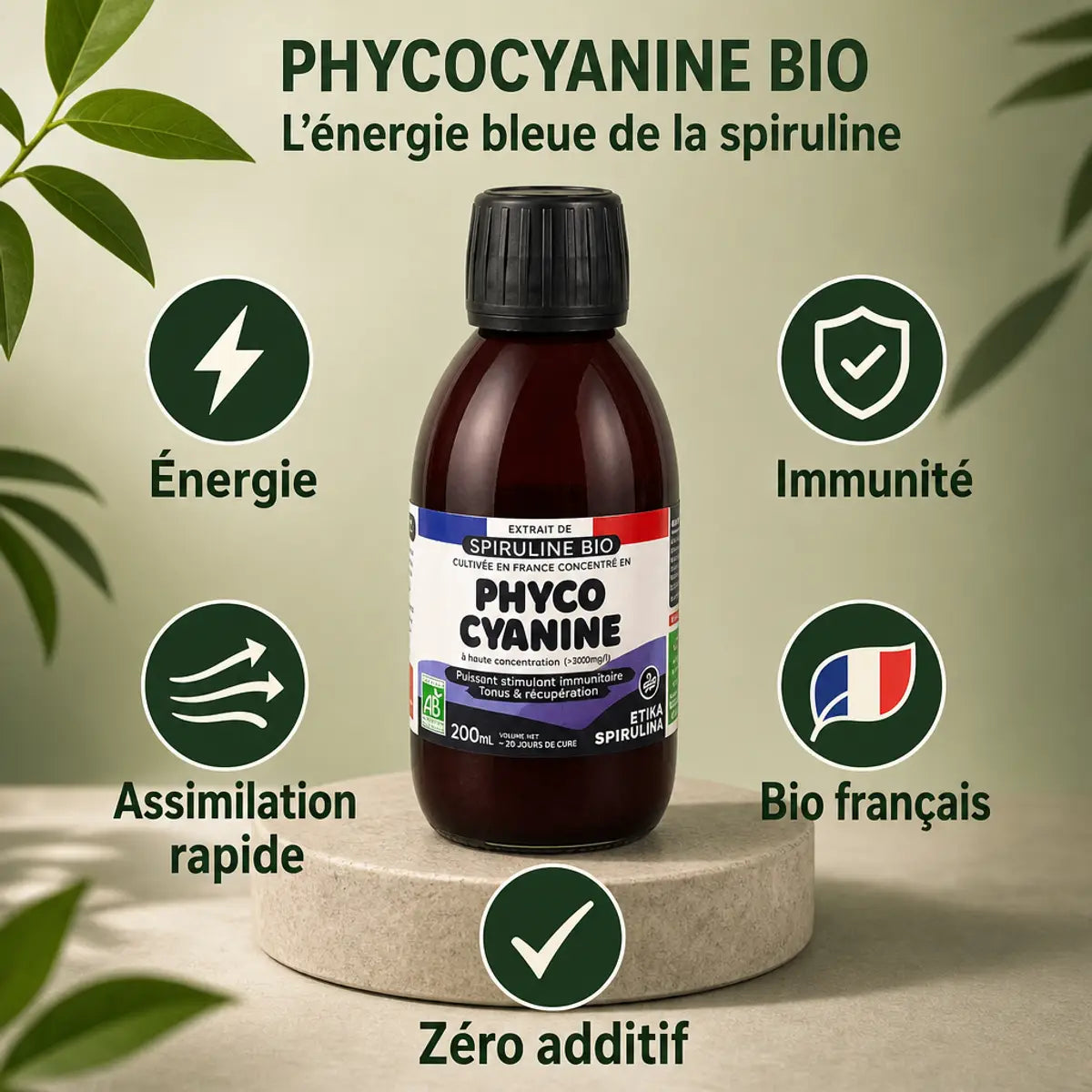 Phycocyanine liquide bio 5000 mg Etika Spirulina 200 ml avec icônes bénéfices énergie immunité