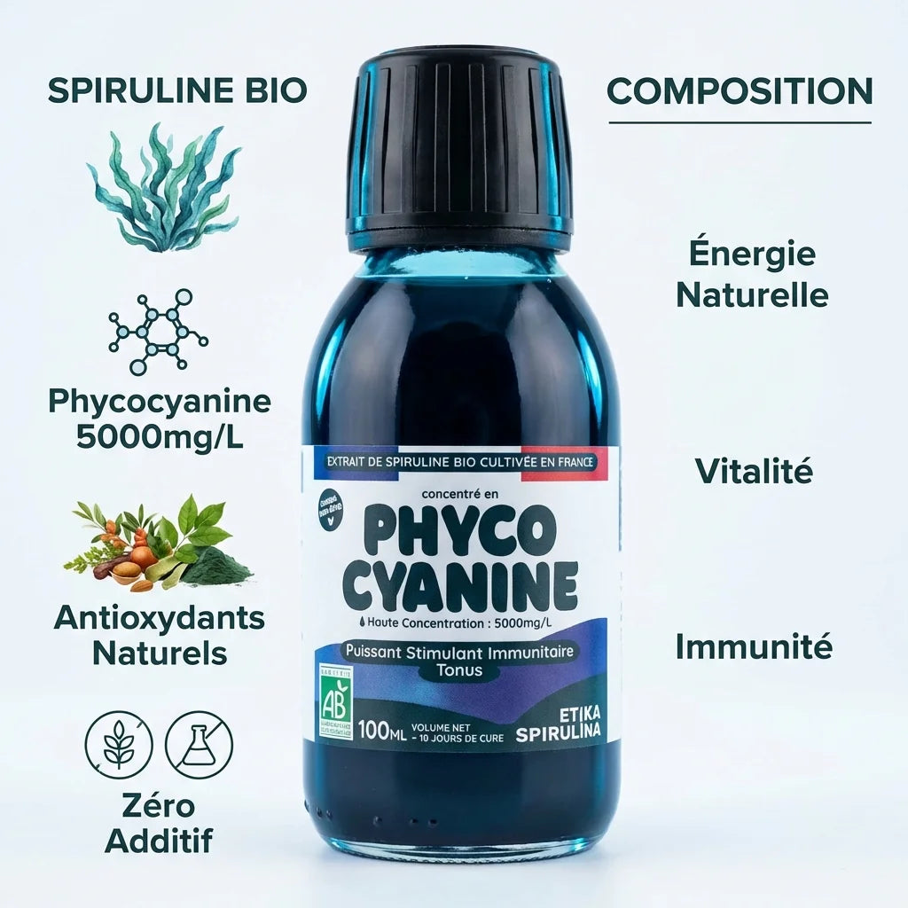 Phycocyanine liquide bio 5000mg Etika Spirulina 200ml avec composition et bénéfices santé