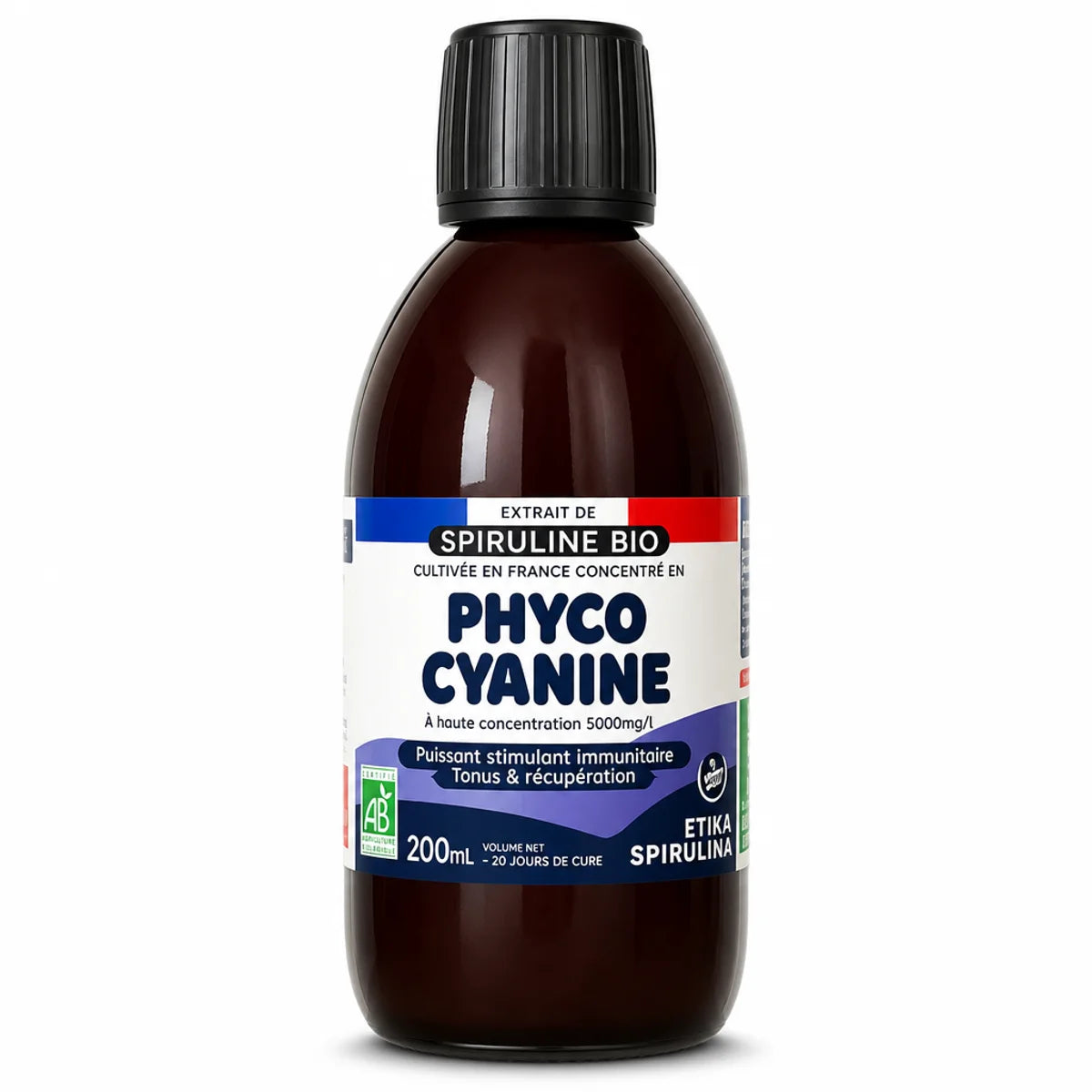 Phycocyanine liquide bio 5000 mg Etika Spirulina flacon 200 ml fond blanc
