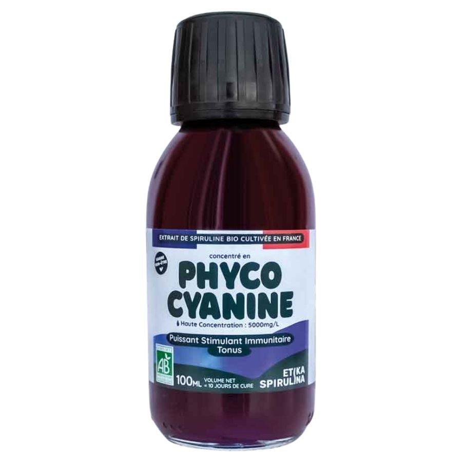 Un flacon de Phycocyanine liquide bio 5000 mg de 100 ml de la marque Etika Spirulina