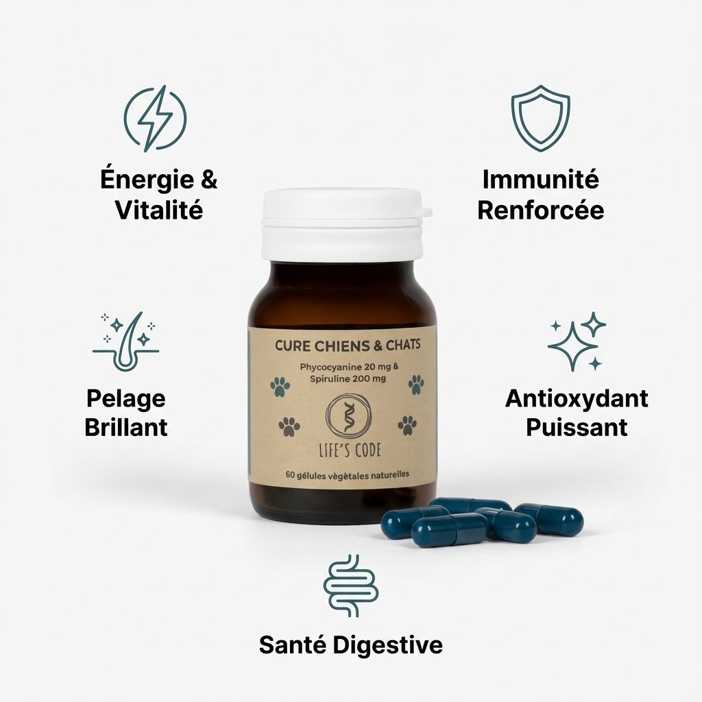 Phycocyanine & Spiruline Life's Code 60 gélules pour chien et chat avec infographie des 5 bénéfices santé