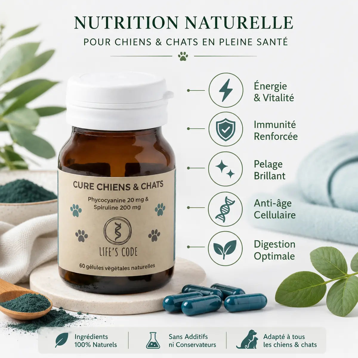 Phycocyanine Spiruline chien chat gélules Life's Code avec bénéfices santé animaux