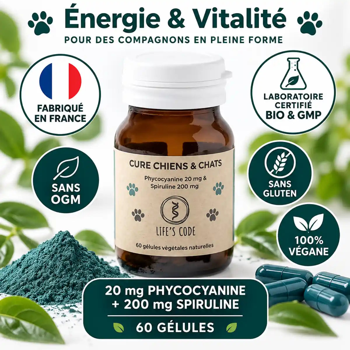 Phycocyanine & Spiruline pour chien et chat - 60 gélules Life's Code, flacon verre brun certifié bio