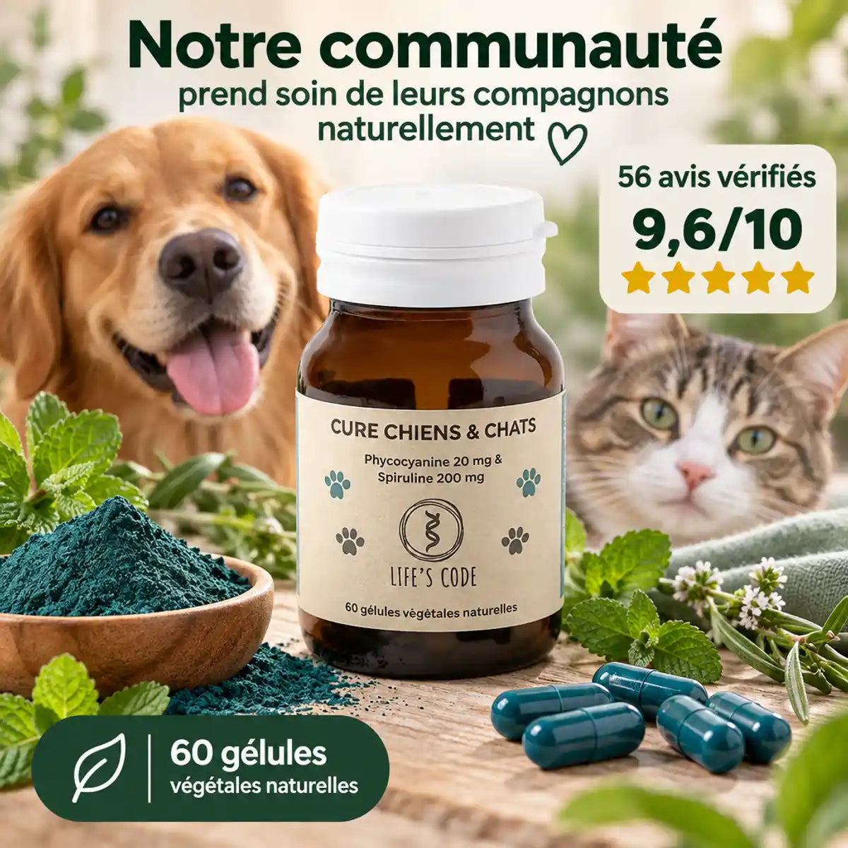 Phycocyanine spiruline chiens chats 60 gélules Life's Code avec avis clients 9,6/10