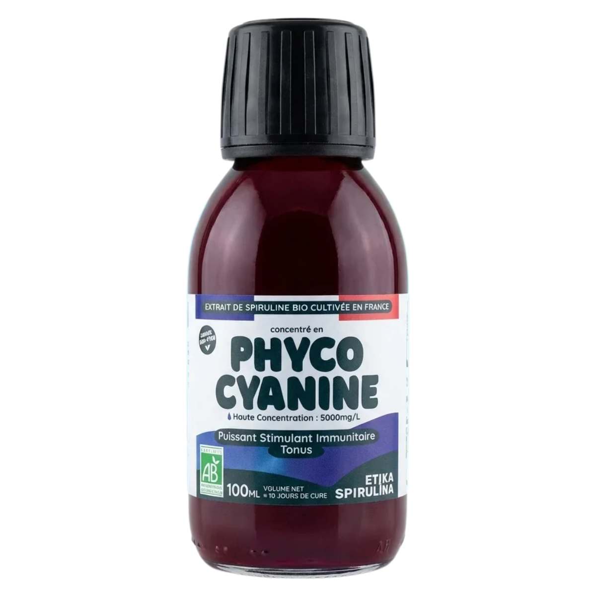 Un flacon de Phycocyanine liquide bio 5000mg de 100ml de la marque Etika Spirulina