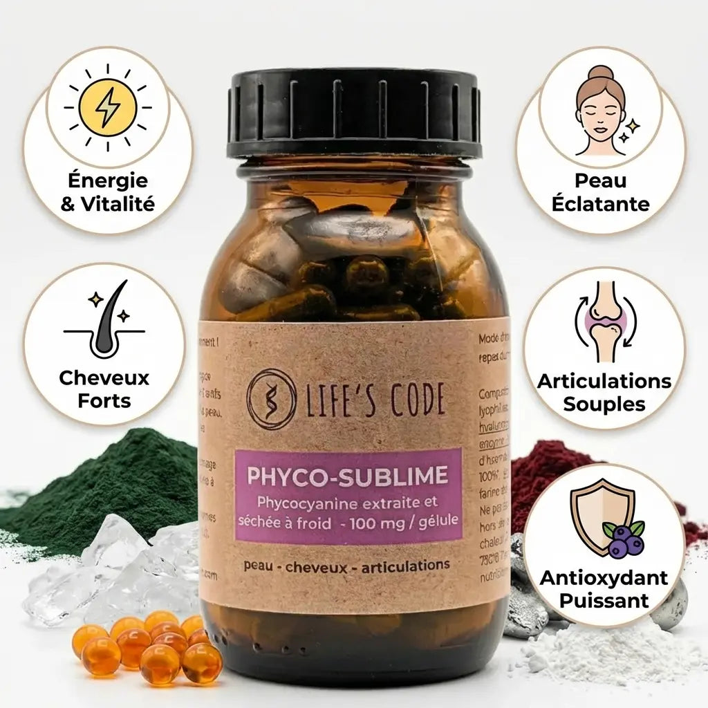 Phyco-Sublime Life's Code Phycocyanine 100mg avec ses 8 actifs bénéfiques pour énergie, peau et cheveux