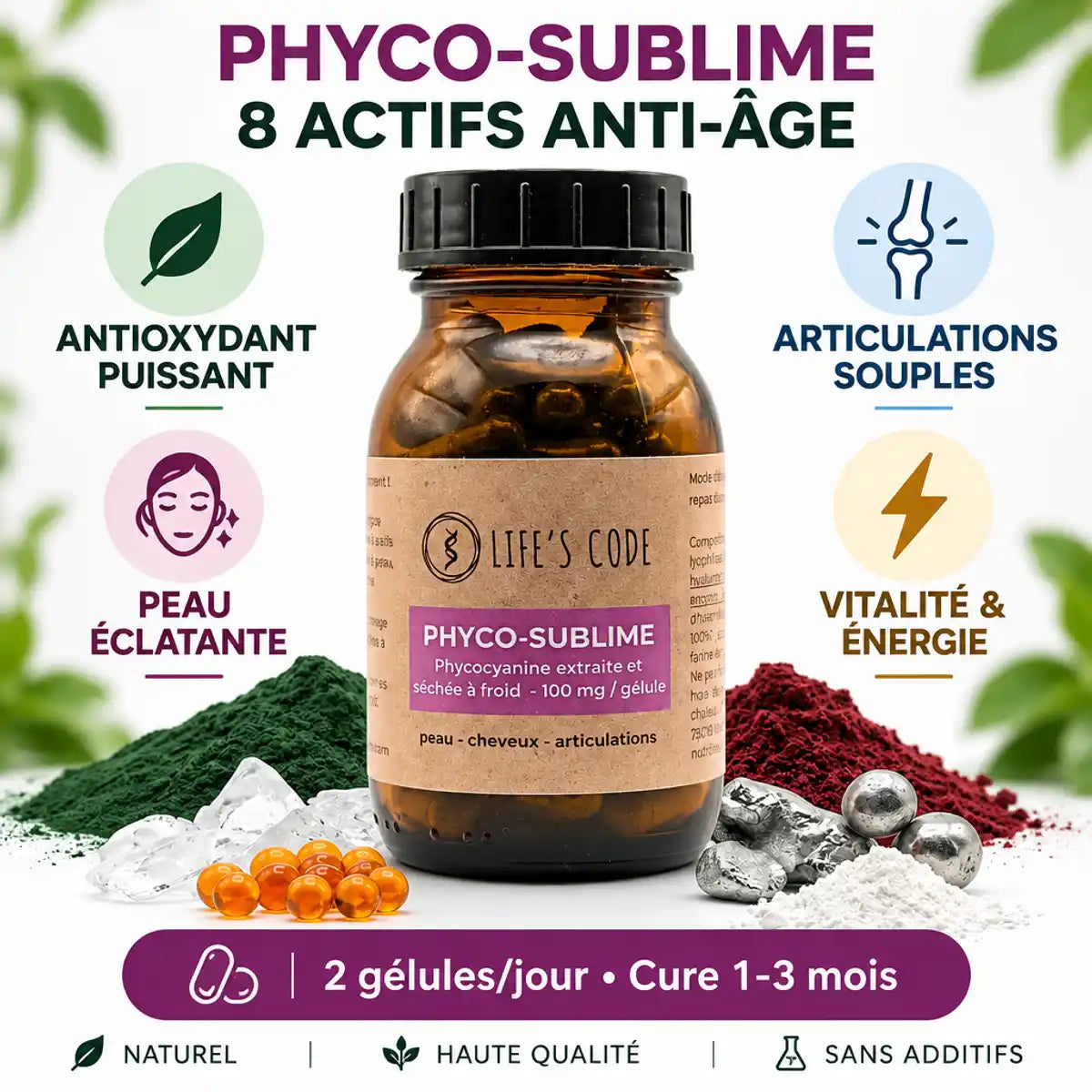 Phyco-Sublime Life's Code - Supplément anti-âge avec phycocyanine et 8 actifs, infographie bénéfices