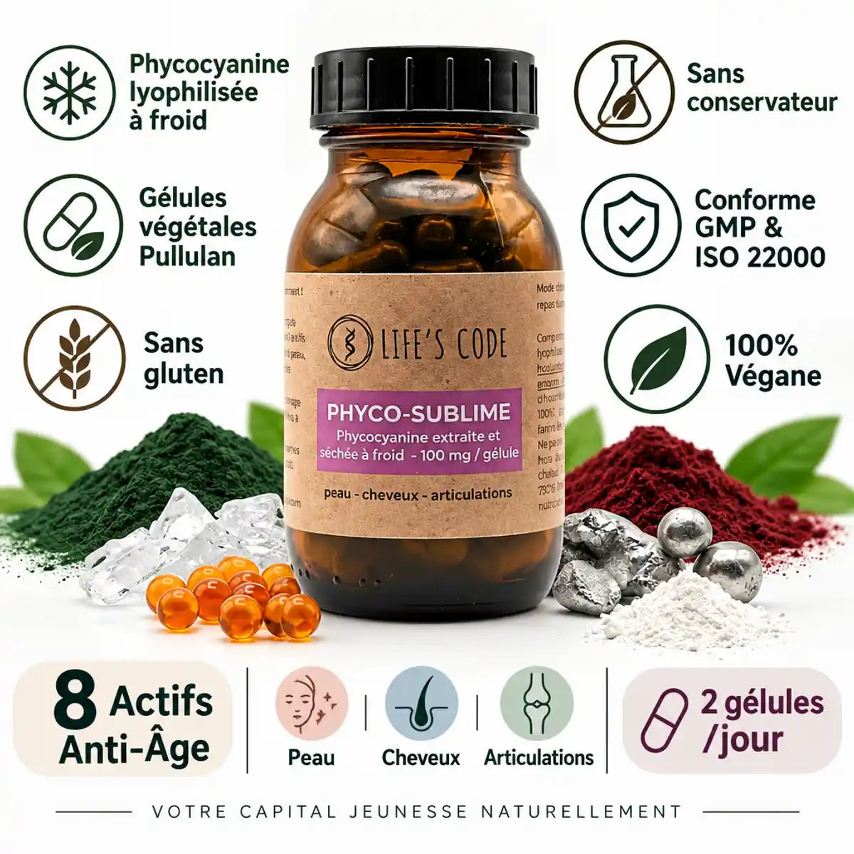 Phyco-Sublime Life's Code - Complément anti-âge phycocyanine 8 actifs, gélules véganes certifiées
