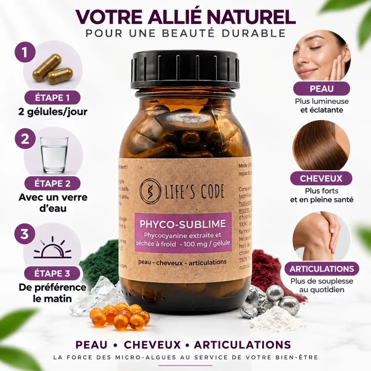 Phyco-Sublime complément anti-âge avec phycocyanine, mode d'emploi et bénéfices peau cheveux articulations