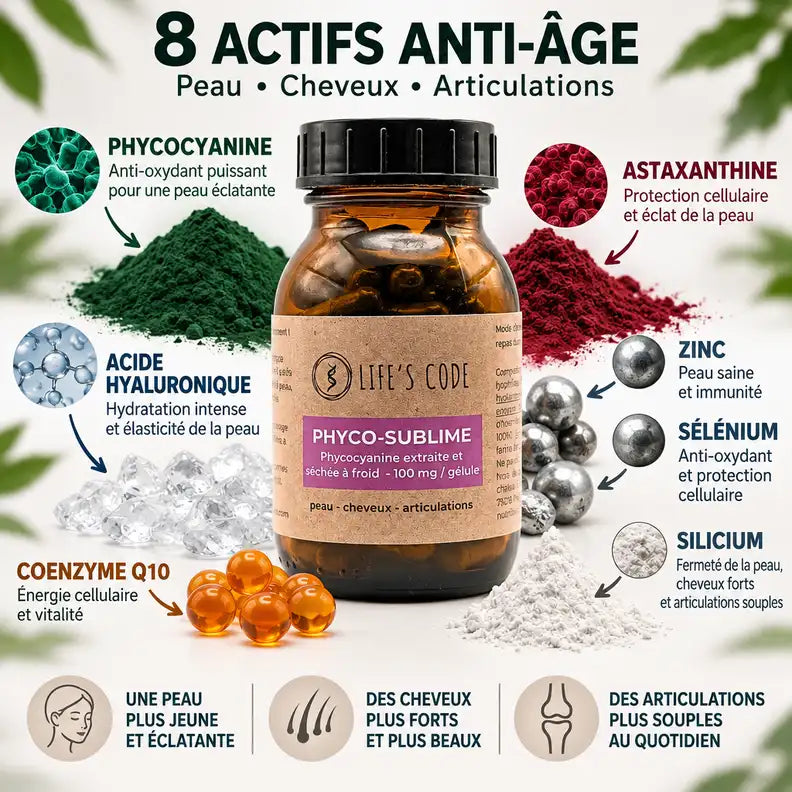 Phyco-Sublime Life's Code avec phycocyanine et 8 actifs anti-âge pour peau et cheveux