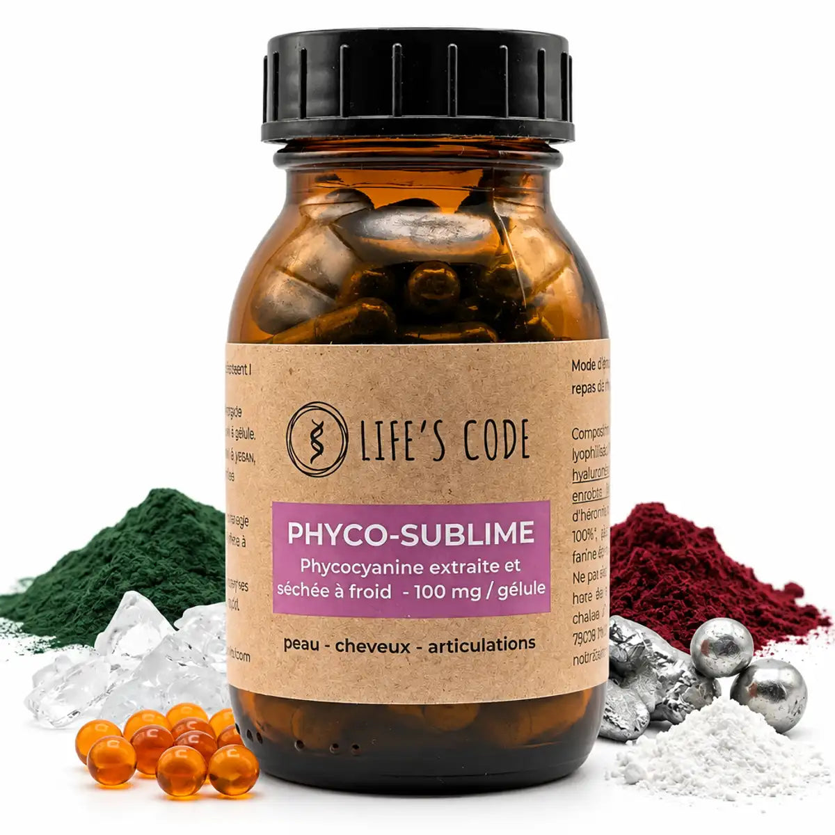 Phyco-Sublime Life's Code - Flacon supplément phycocyanine anti-âge avec capsules visibles