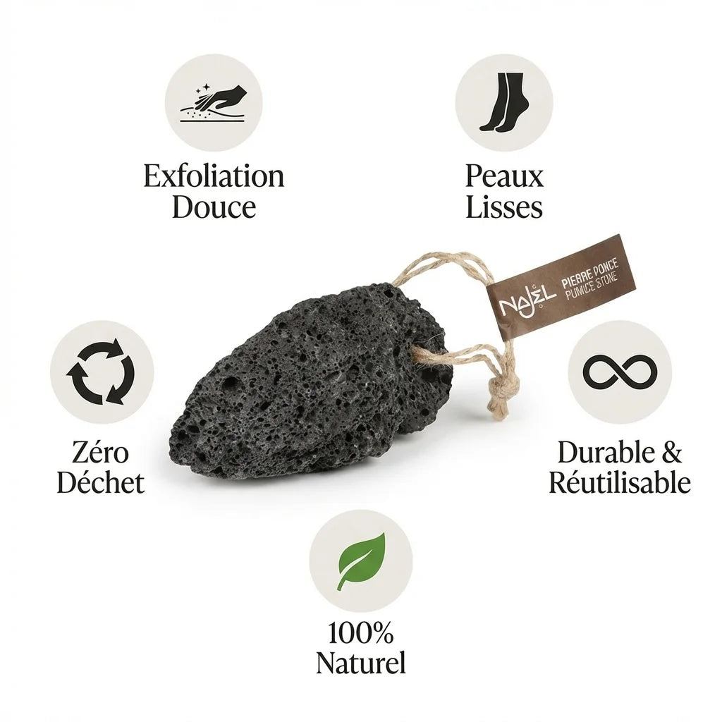 Pierre ponce volcanique Najel naturelle avec ses bénéfices : exfoliation douce, peaux lisses, zéro déchet