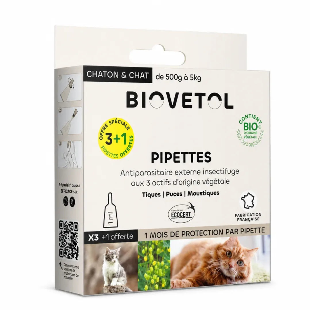 Pipettes antiparasitaire Biovetol chat - Offre 3+1 gratuit - Boîte certification Bio