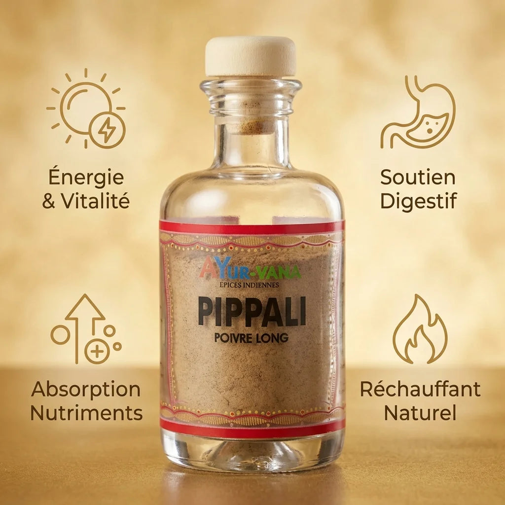 Flacon Pippali Ayur-Vana 50g avec icônes bénéfices : énergie, digestion, absorption, réchauffant