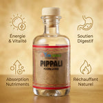 Flacon Pippali Ayur-Vana 50g avec icônes bénéfices : énergie, digestion, absorption, réchauffant