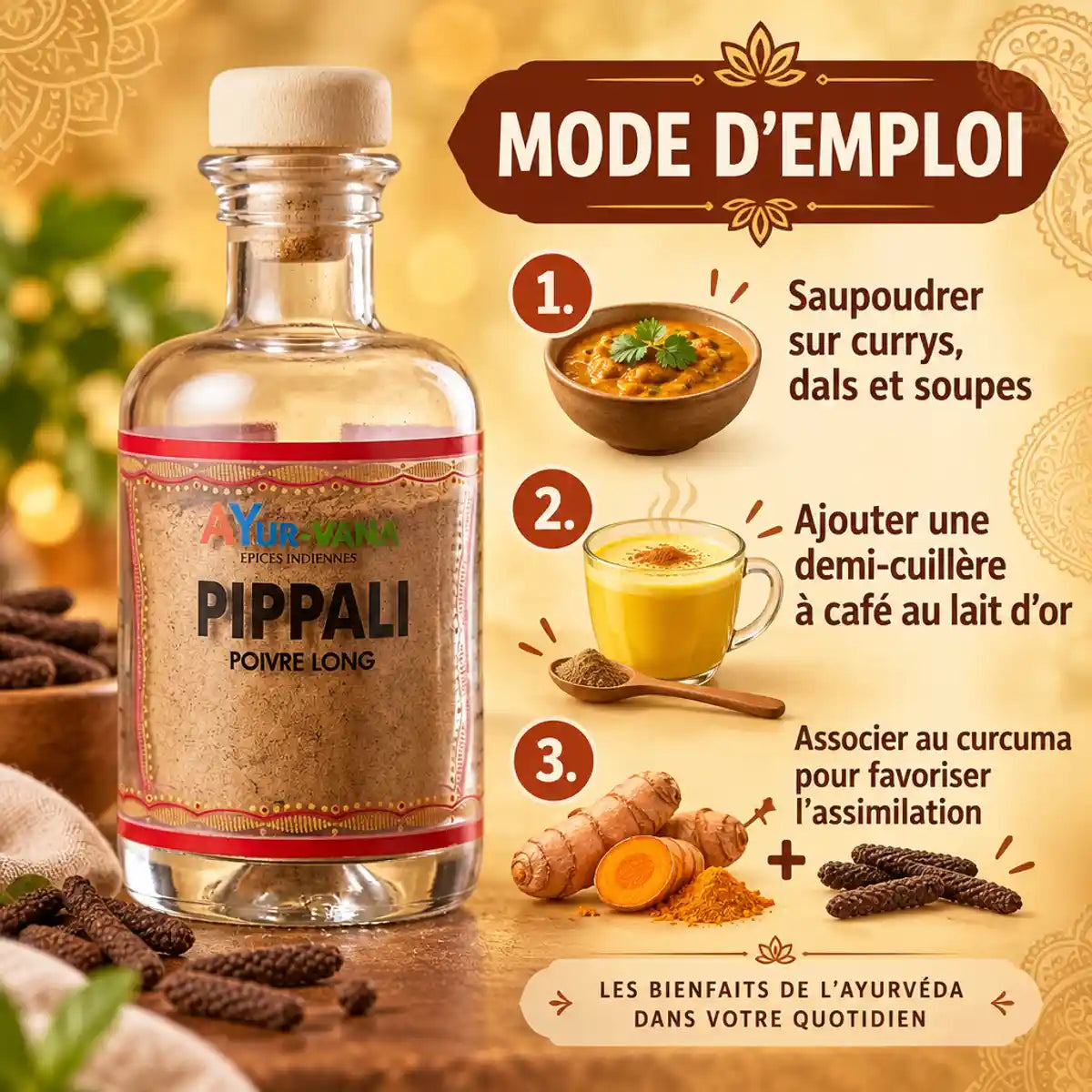 Flacon en verre Ayur-Vana de Pippali (poivre long) 50 g, avec bouchon en liège, et infographie « Mode d'emploi » en trois étapes