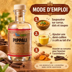 Flacon en verre Ayur-Vana de Pippali (poivre long) 50 g, avec bouchon en liège, et infographie « Mode d'emploi » en trois étapes