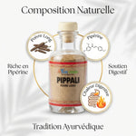Flacon Pippali Ayur-Vana 50g avec infographies ingrédients et composition naturelle