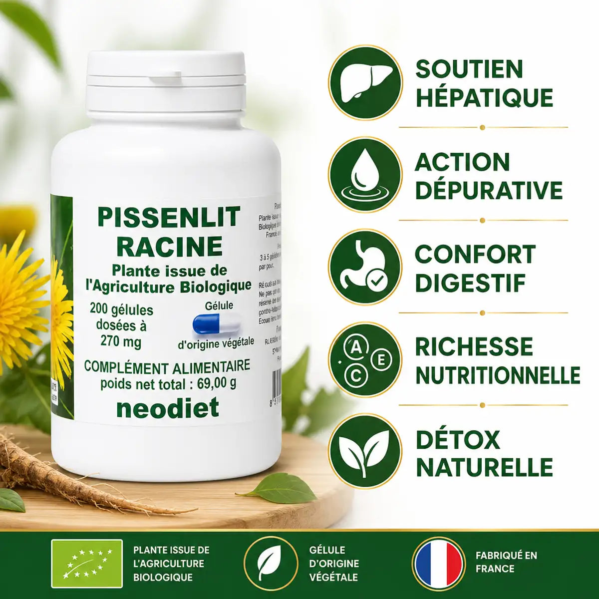 Pissenlit Racine bio 200 gélules - Soutien hépatique, action dépurative et détox naturelle