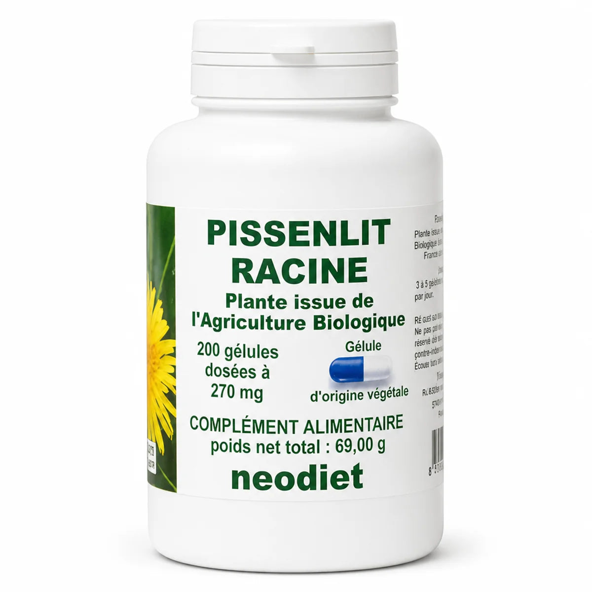Pissenlit Racine bio 200 gélules 270mg Neodiet - bouteille complément alimentaire naturel