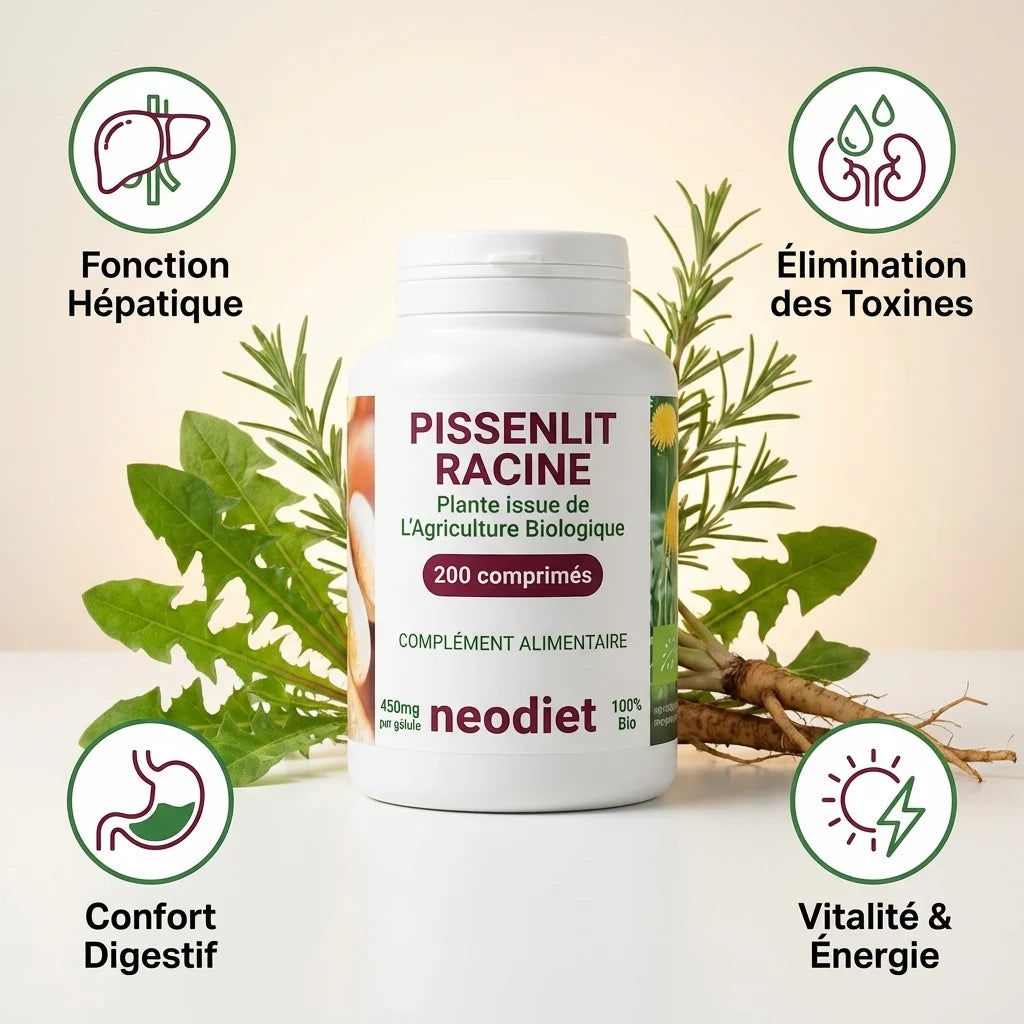 Pissenlit Racine bio 450mg Neodiet - 200 gélules avec bénéfices santé hépatique et digestive