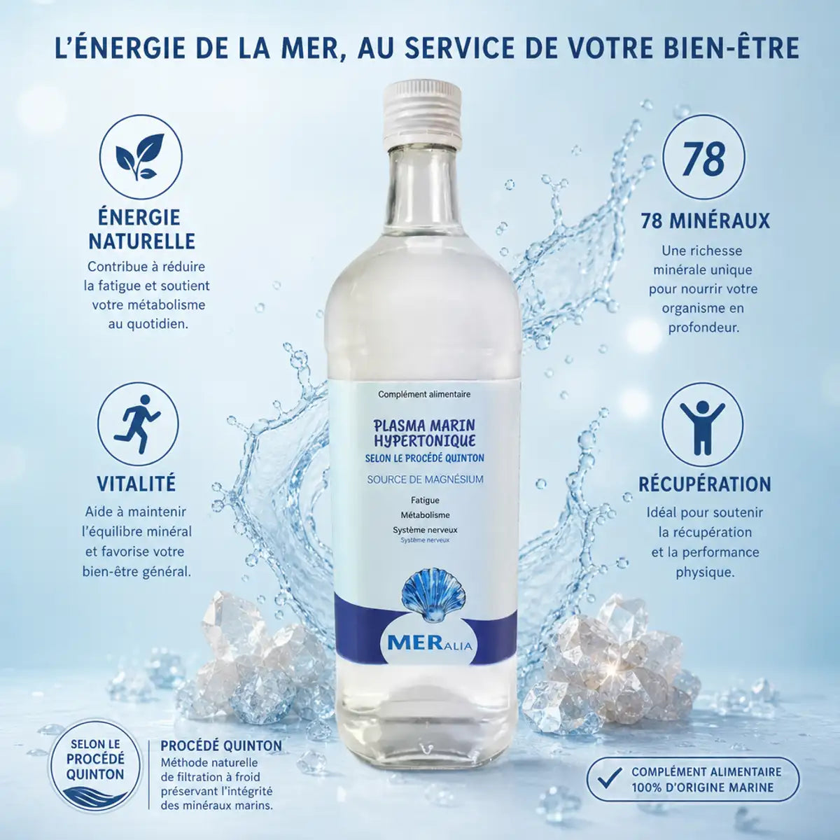 Plasma marin hypertonique MERalia 1L procédé Quinton avec 78 minéraux naturels