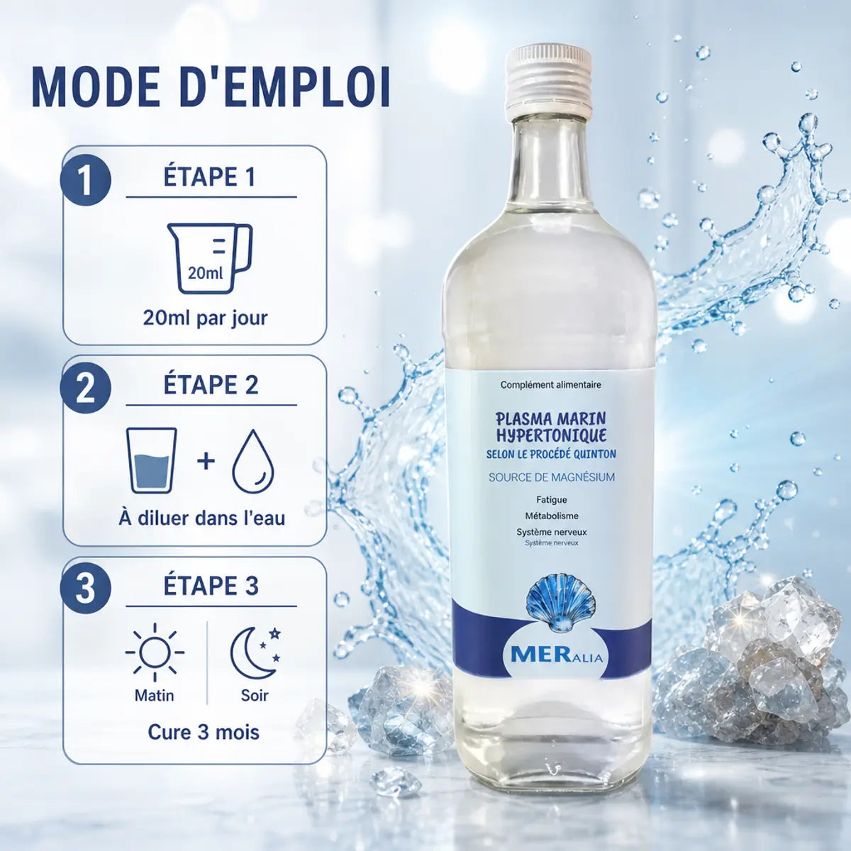 Plasma marin hypertonique MERalia 1L avec mode d'emploi: 20ml par jour à diluer dans l'eau