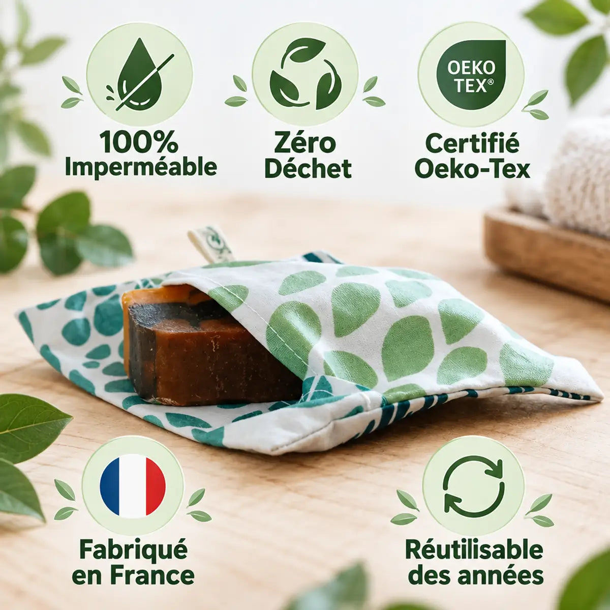 Pochette savon coton enduit Angie Be Green imperméable zéro déchet réutilisable fabriquée France