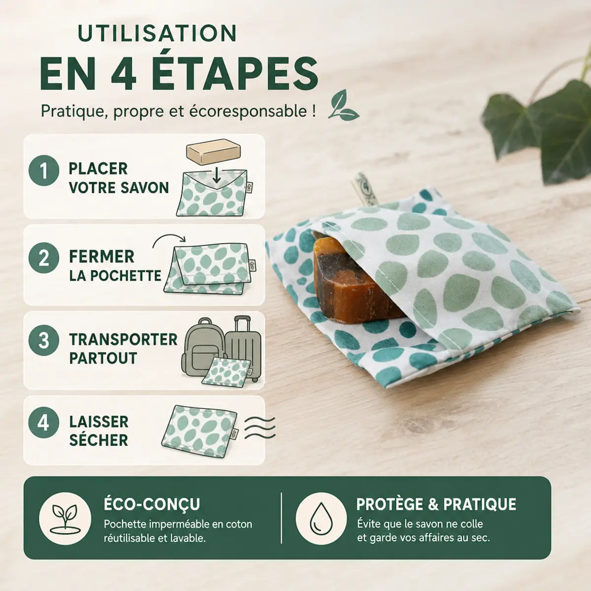 Pochette savon coton enduit Angie Be Green motif feuilles avec guide d'utilisation étape par étape