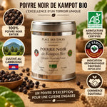 Poivre Noir de Kampot Bio 50g en boîte avec grains et certifications AB, IGP et Fair Trade