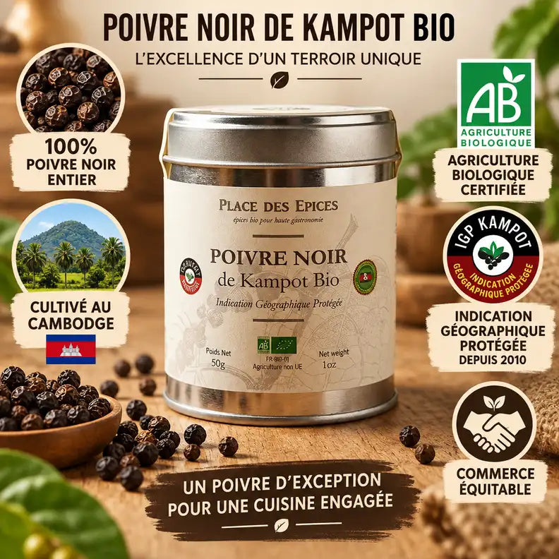 Poivre Noir de Kampot Bio 50g en boîte avec grains et certifications AB, IGP et Fair Trade