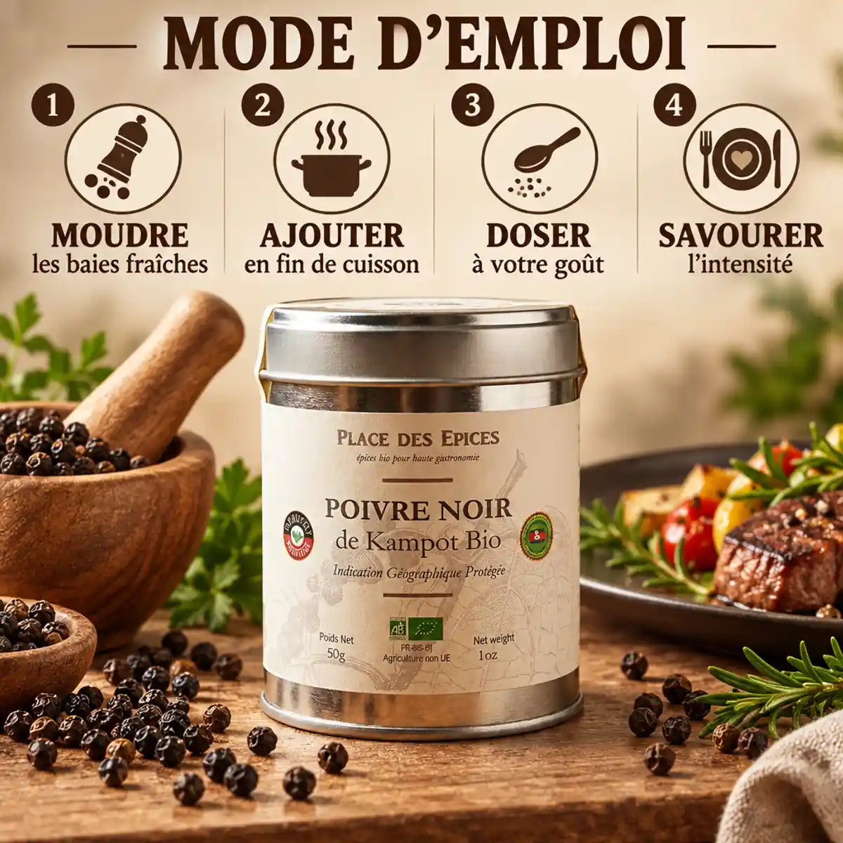 Poivre Noir Kampot Bio 50g avec guide d'emploi, baies fraîches et mortier