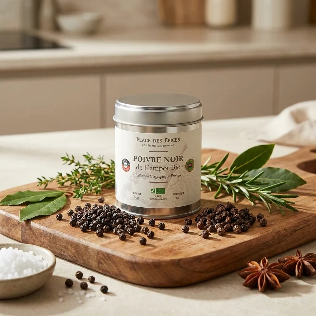 Poivre Noir de Kampot Bio 50g - boîte avec grains de poivre frais sur surface bois