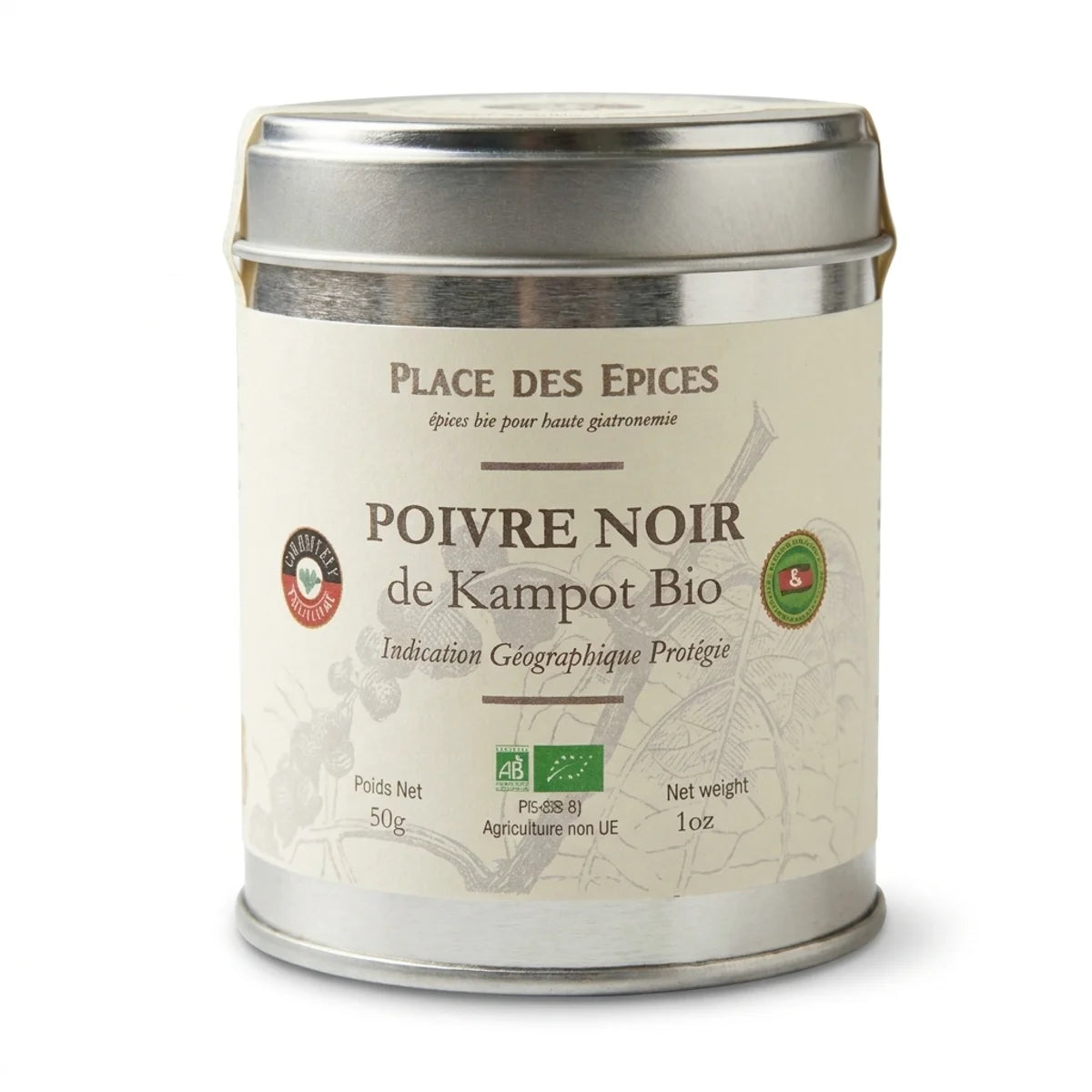 Poivre Noir de Kampot Bio 50g en boîte métallique Place des épices