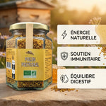 Pollen Bio Abeille Forestière 180g avec infographie bénéfices santé et énergie