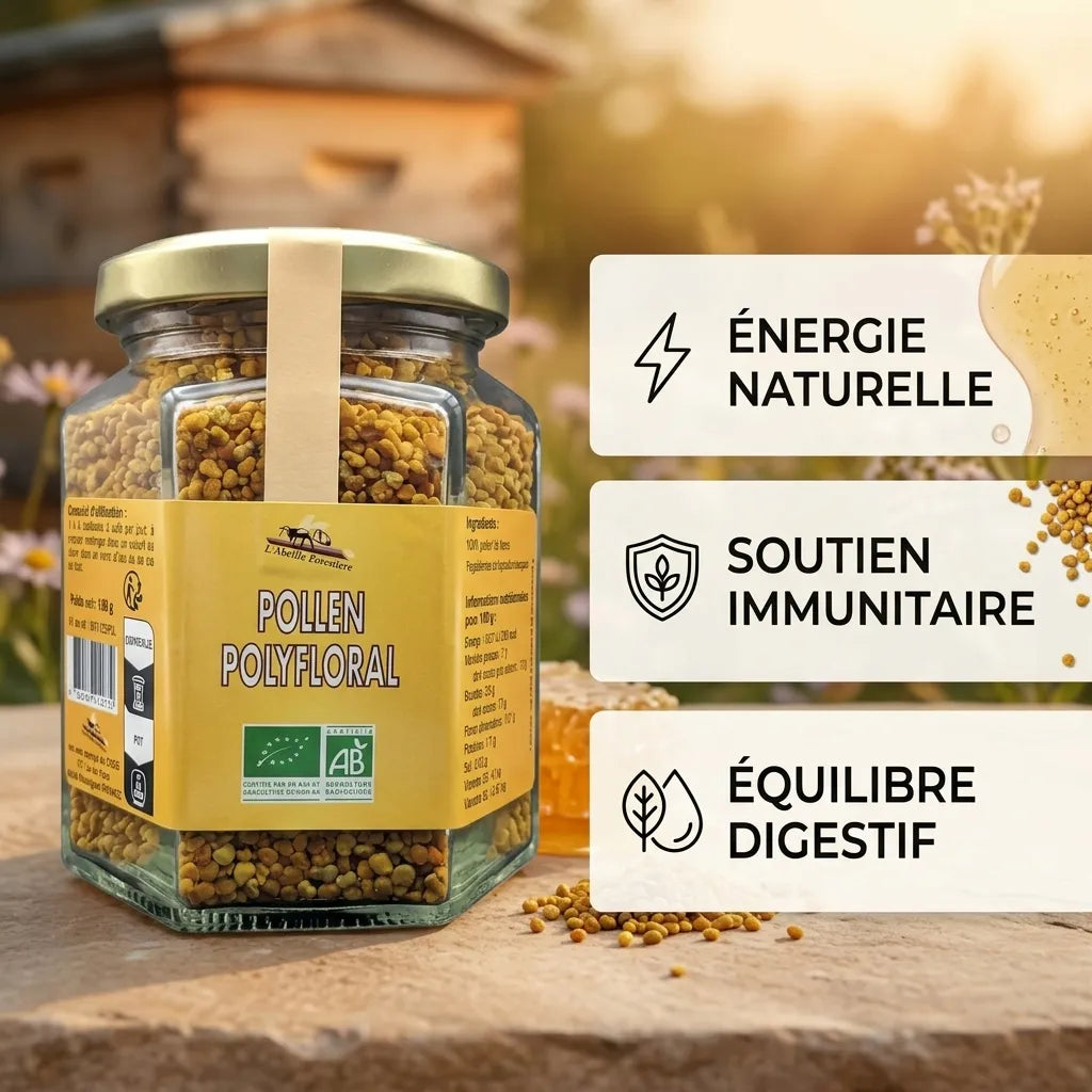 Pollen Bio Abeille Forestière 180g avec infographie bénéfices santé et énergie