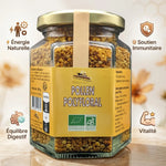Pollen Bio Abeille Forestière 180g avec infographies bénéfices santé et design premium