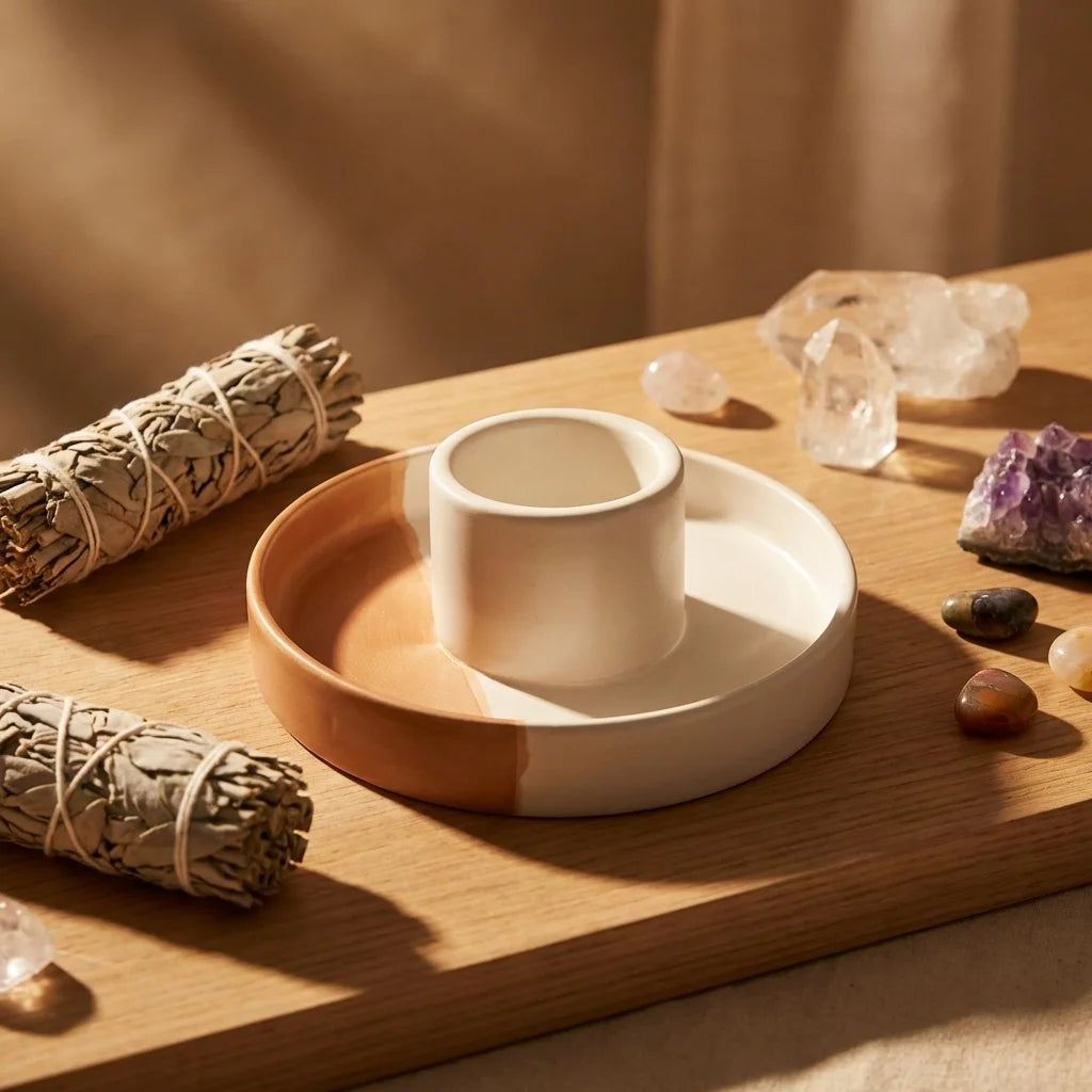 Porte-bâton Palo Santo et Sauge bicolore céramique artisanale avec cristaux sur autel de méditation