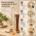 Porte encens suspendu verre et bois avec guide d'utilisation en 4 étapes