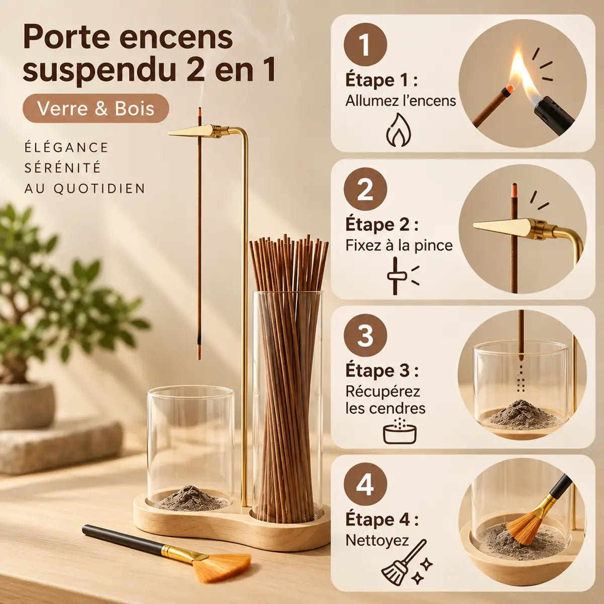 Porte encens suspendu verre et bois avec guide d'utilisation en 4 étapes