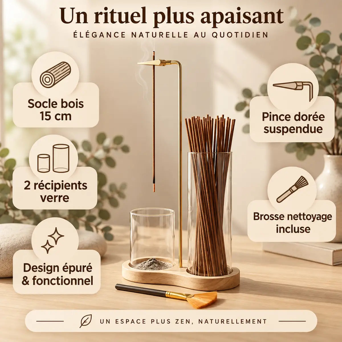 Porte encens suspendu 2 en 1 verre et bois avec base 15cm, pince dorée et brosse incluse
