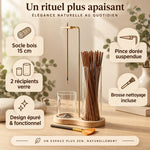 Porte encens suspendu 2 en 1 verre et bois avec base 15cm, pince dorée et brosse incluse