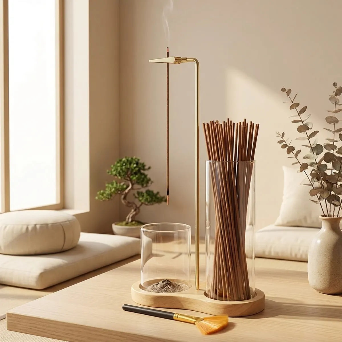 Porte encens suspendu 2 en 1 verre et bois avec décor zen et accessoires