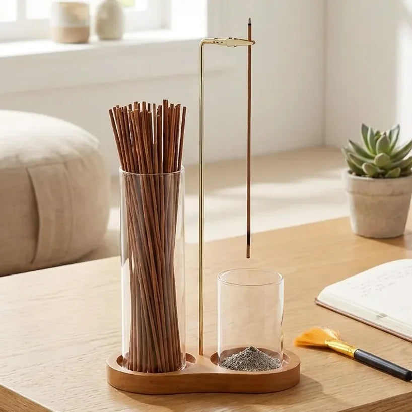 Porte encens suspendu bois et verre 2 en 1 sur bureau zen avec plantes et coussin méditation
