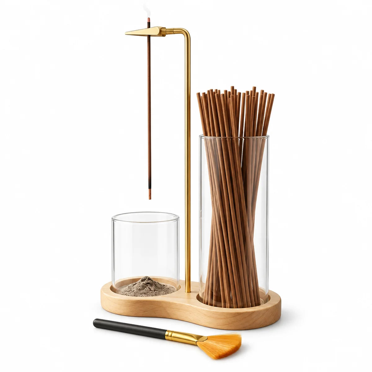 Porte encens suspendu 2 en 1 verre et bois avec bâtons d'encens et brosse de nettoyage