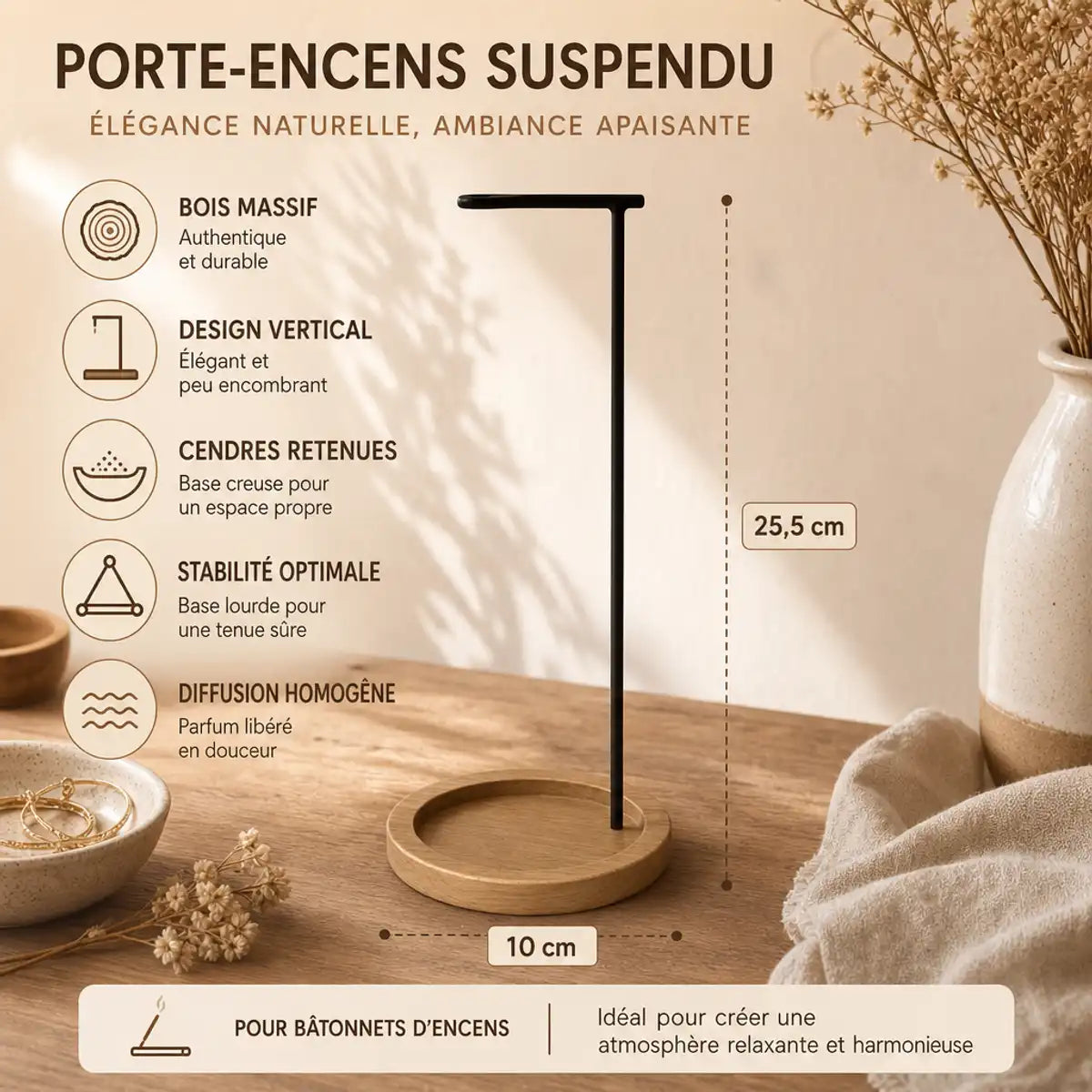 Porte-encens suspendu en bois avec base ronde et bras métallique noir, design minimaliste et élégant